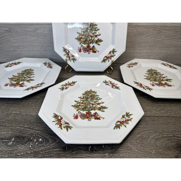 Fairfield Christmas Tree Octagon PEACE ON EARTH 10 1/8" Dinner Plates - Set of 4 - Picture 2 of 8